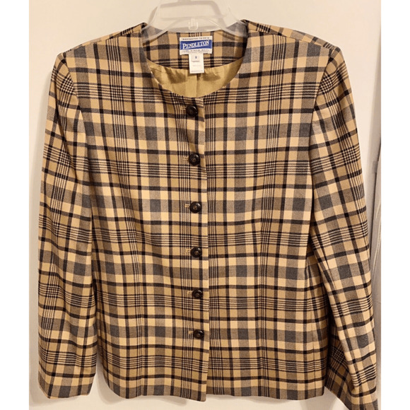 Vintage Pendleton 100% Wool Blazer Jacket Camel Plaid Sz 8 - Picture 2 of 10